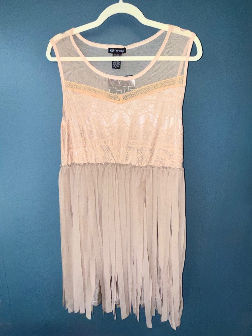 Miss Chievous Blush Lace & Chiffon Fringe Tank Dress